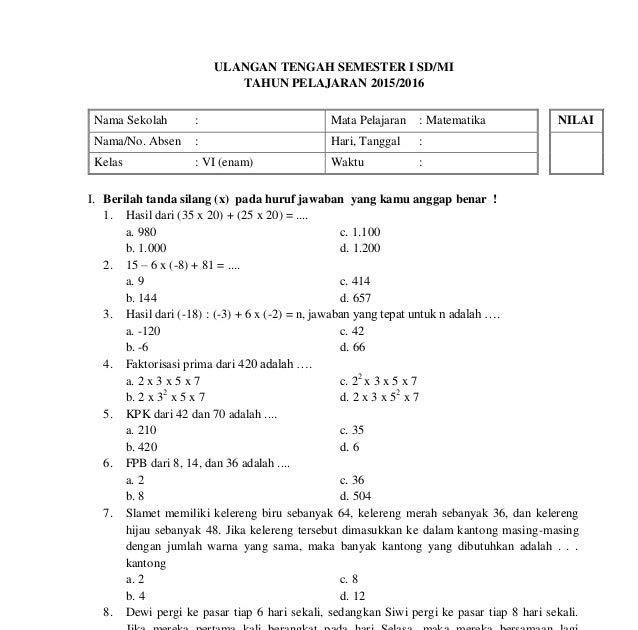 15 Rahasia Menguasai Contoh Soal Matematika Kelas 6 Semester 1 Agar Nilai Ujian Sempurna