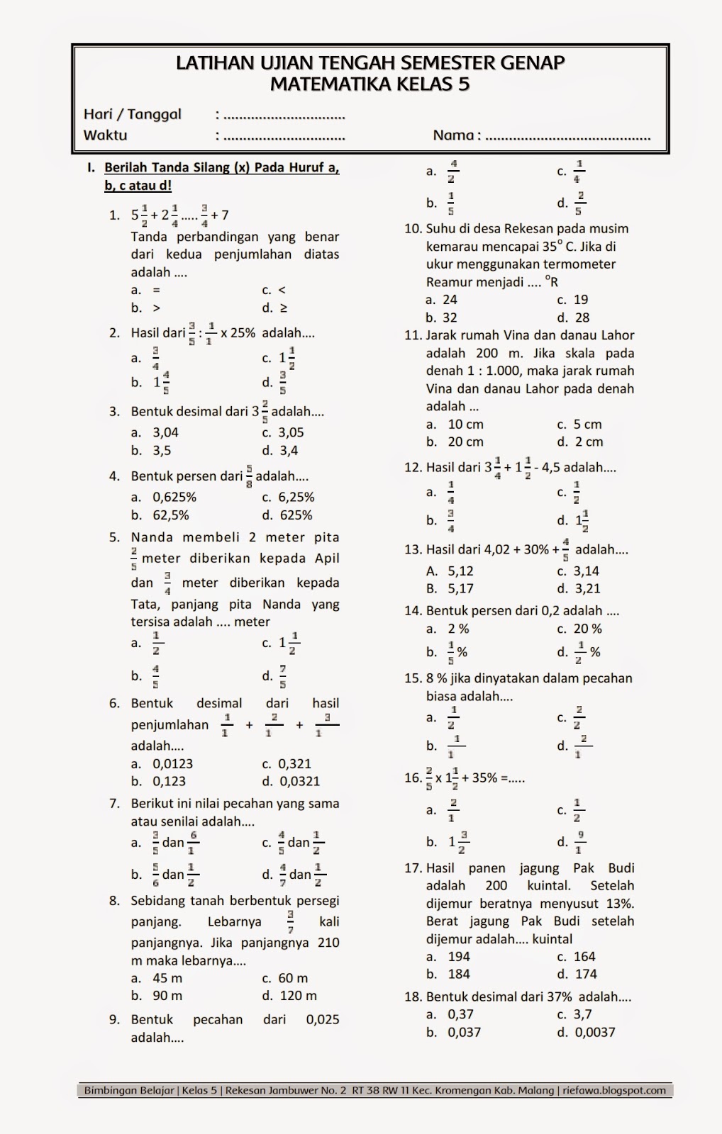 Bocoran Soal Matematika Kelas 5 Semester 1 dan Kunci Jawaban Ini Wajib Dikuasai Siswa