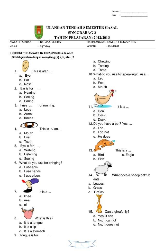 latihan soal bahasa inggris kelas 1 sd