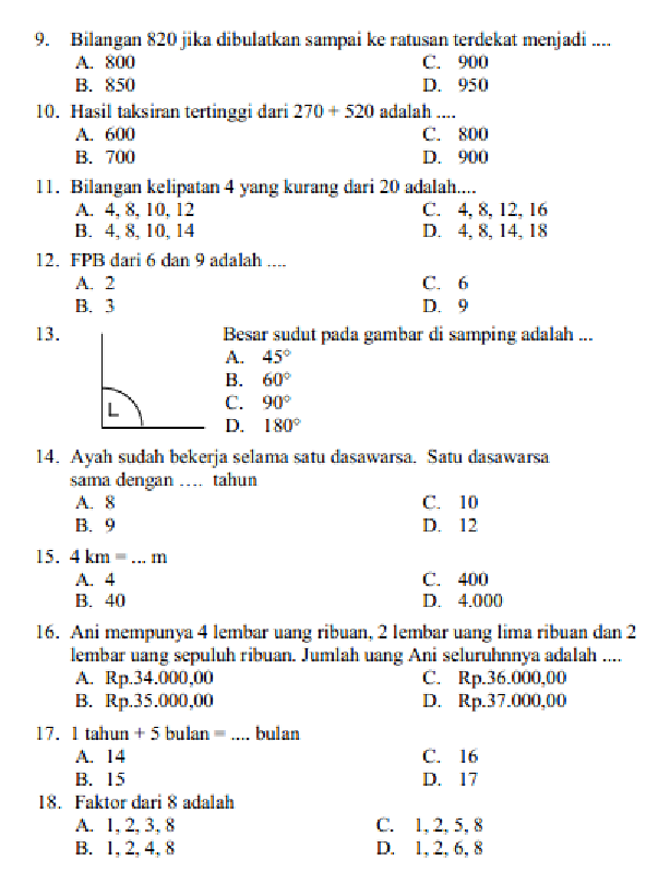 soal dan kunci jawaban matematika kelas 4 semester 1